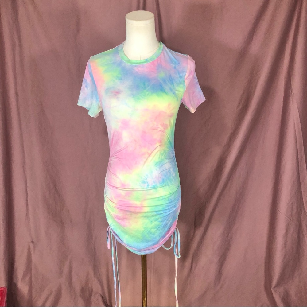 Tie-Dye Ruched Short Sleeve Dress - Pastel Multi Ladies XS Small